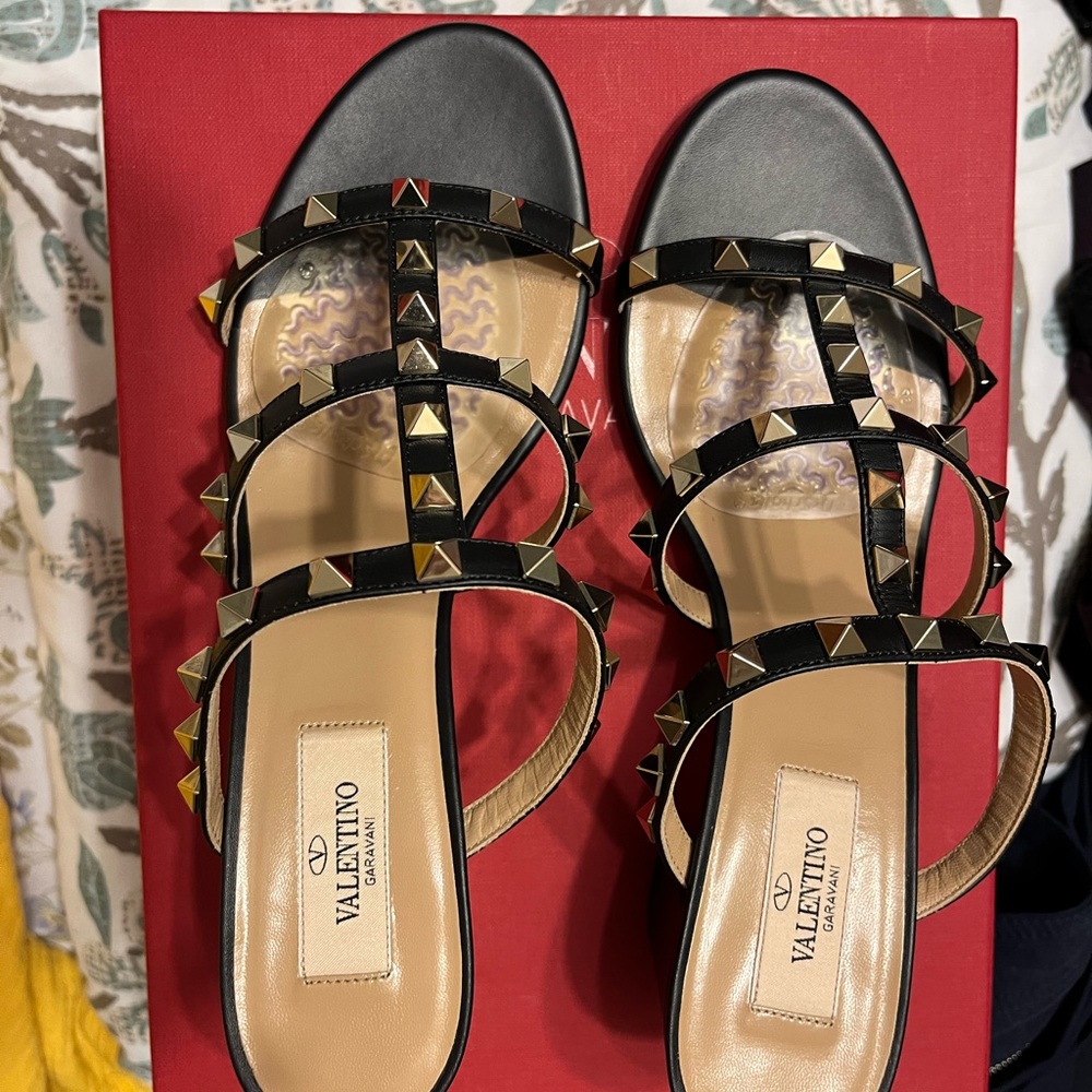 Valentino Black Rockstud Sandals with Gold Studs